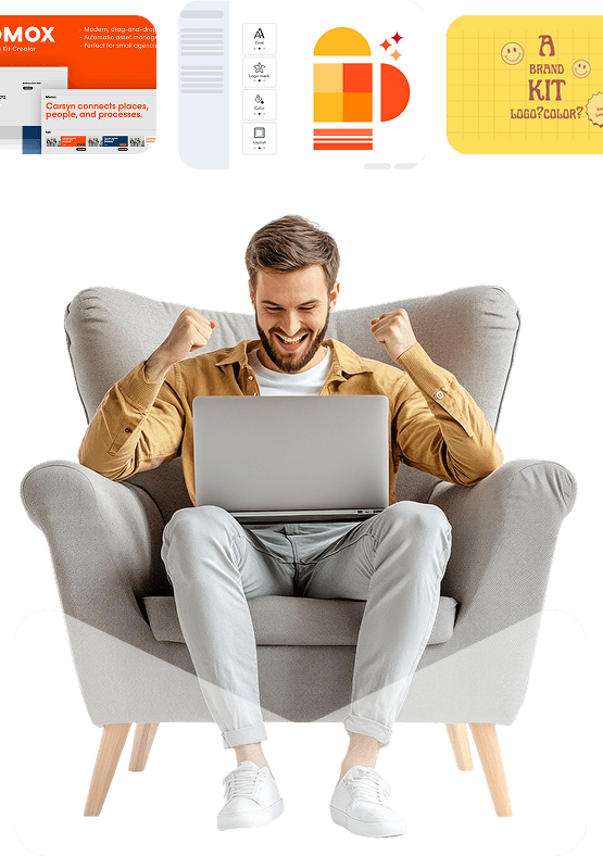 Designer celebrating at a laptop with floating brand and logo UI elements